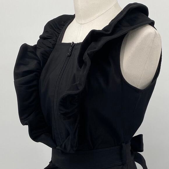 Samuel Dong Mini Dress Front Zipper Moldable Ruffled Belted Taffeta Black Small - Picture 5 of 11